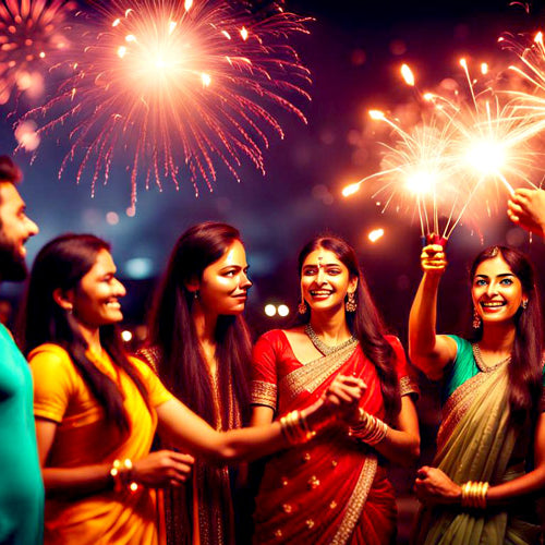 Illustration of a group of Indian peope celebrating Diwali with fireworks