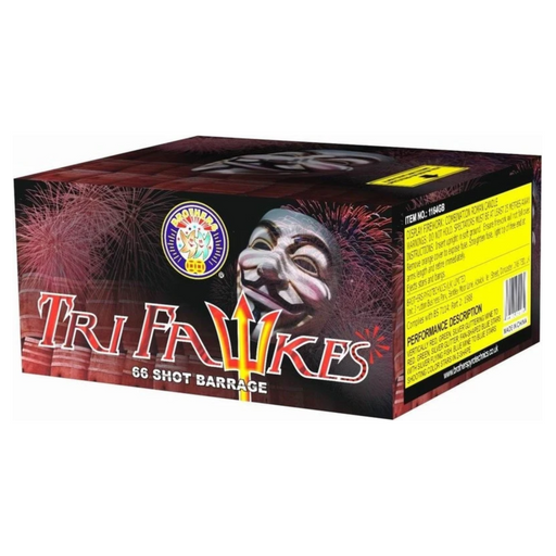 Tri Fawkes 66 shot single ignition firework cake by Brothers Pyrotechnics